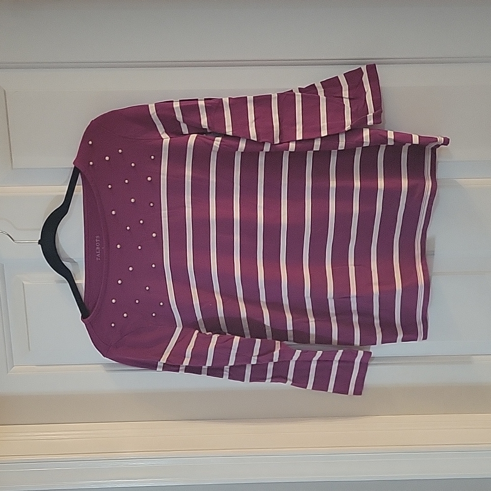 Talbots  cotton raspberry striped with pearl like  beads small